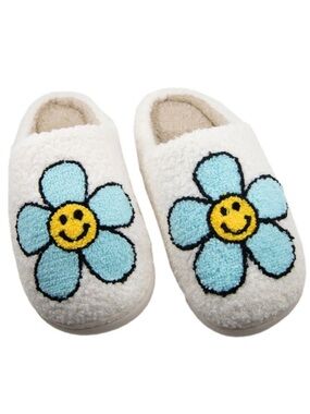 NWT KATY DID Mint Blue Daisy Happy Face White Slippers